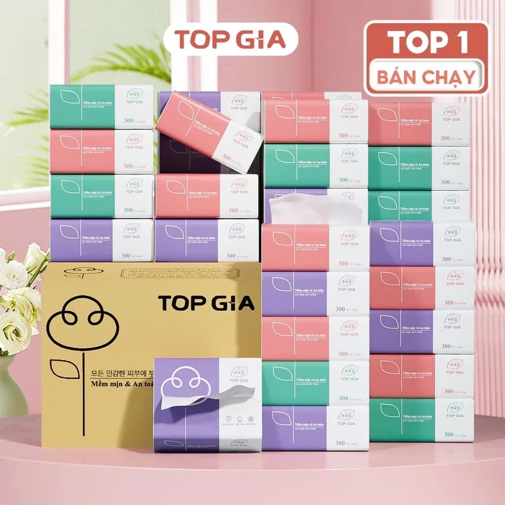 Thùng 30 gói giấy ăn rút Topgia 3 màu cao cấp 4 lớp dày dặn, mềm mịn, thùng 16/36/46 gói