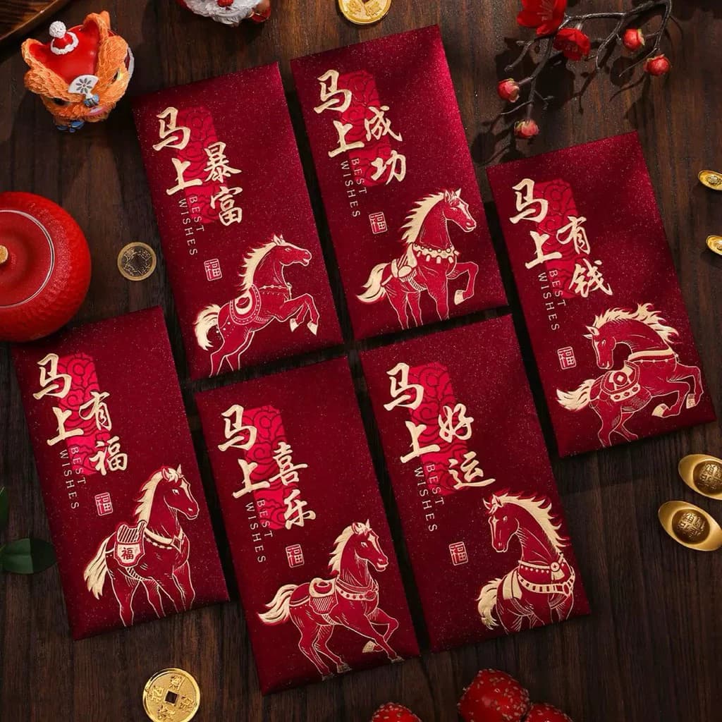 Combo 6 Bao Lì Xì Ngựa Vàng Hoạ Tiết 3D Chữ Nổi Sang Trọng Uy Quyền Phú Quý Tết Bính Ngọ 2026