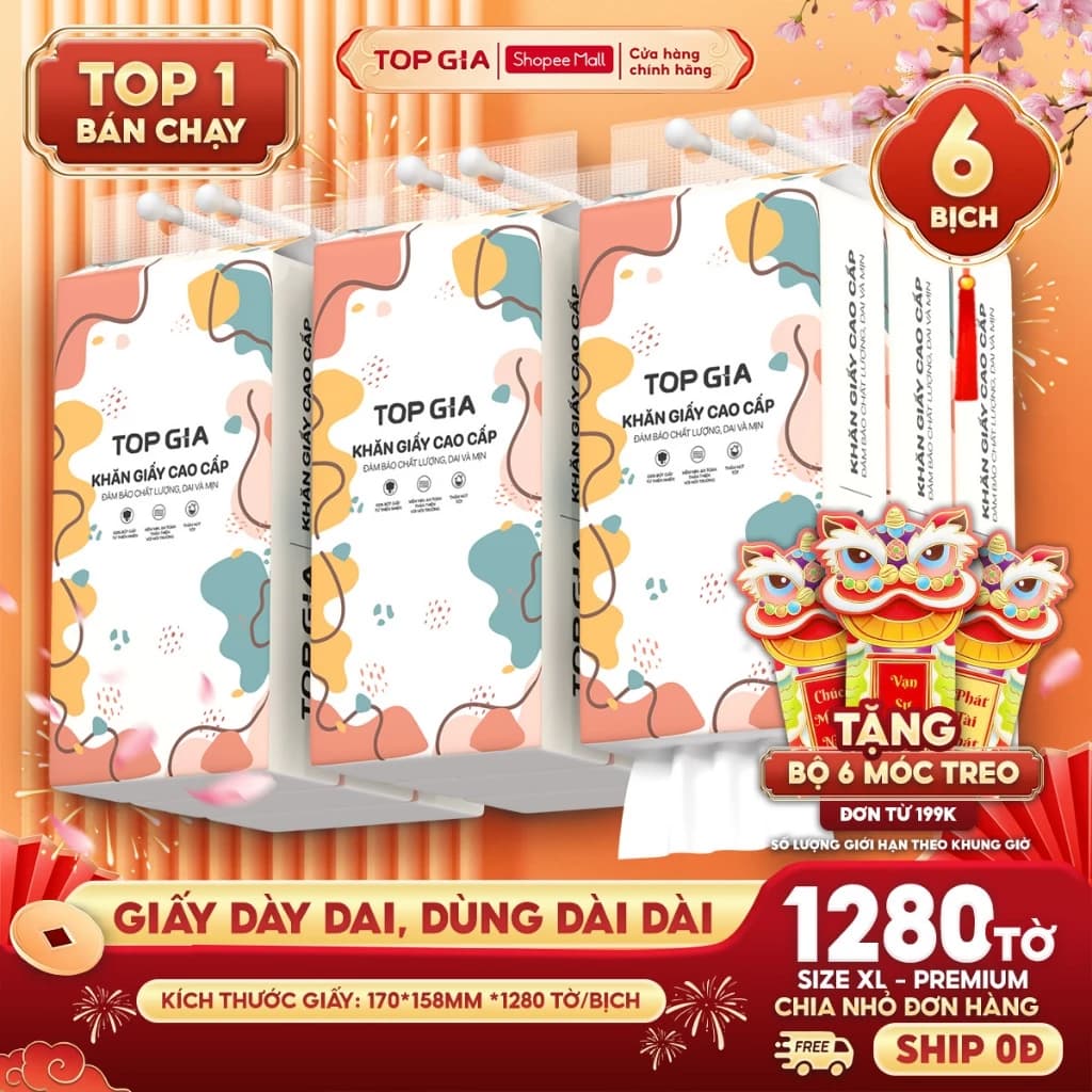 Giấy vệ sinh treo tường TopGia đa sắc đa năng từ bột giấy thiên nhiên, 1280tờ/4lớp