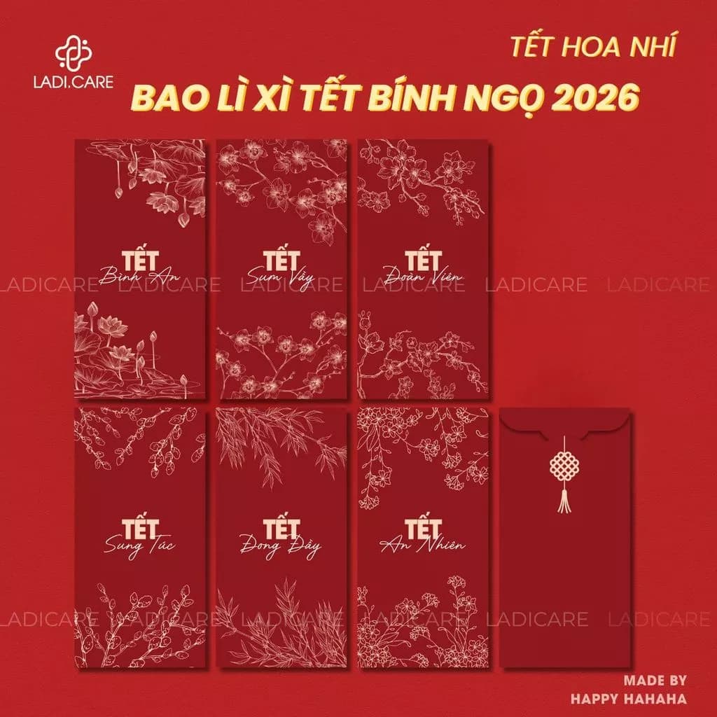 Set Bao Lì Xì Tết Bính Ngọ 2026 – Mẫu Thiết Kế Độc Quyền Hoa Nhí, Xuân Ánh Nguyệt, Giấy C150 Dày Cán Màng Mịn