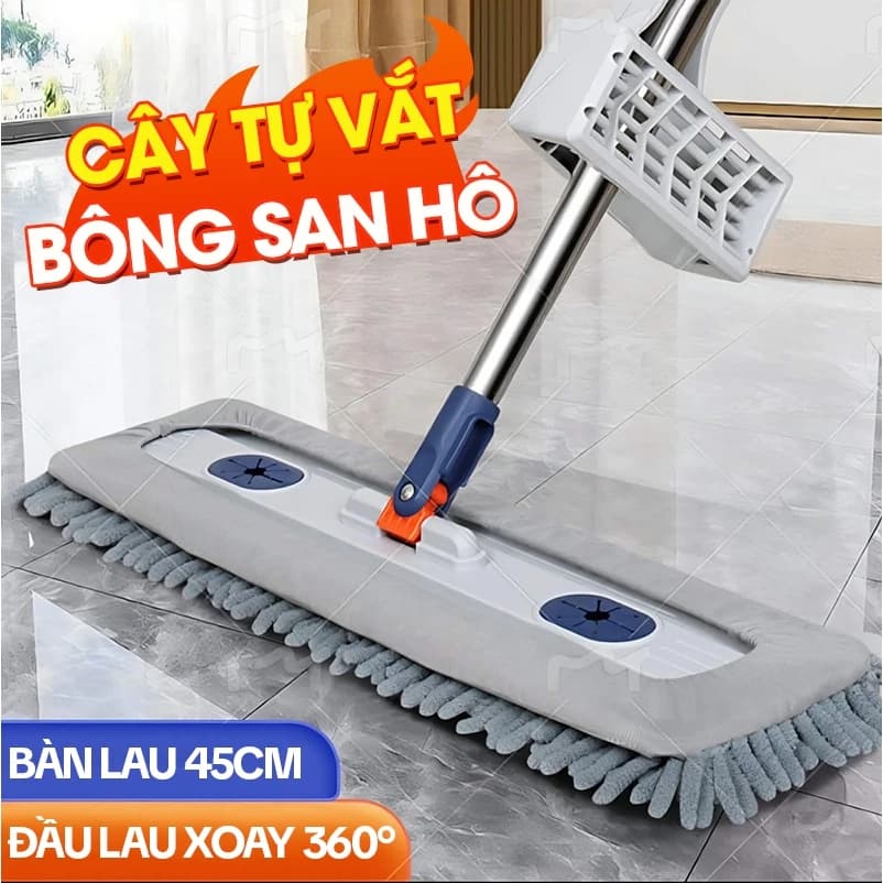Cây Lau Nhà Tự Vắt KITIMOP CORAL, Chổi Lau Nhà Tự Vắt Thông Minh Xoay 360 Độ, 2 Bông Lau
